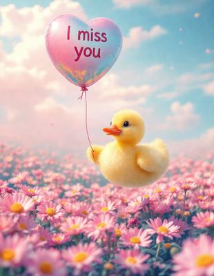 The primary subject of the image is a cute yellow duckling holding a pink balloon. The setting is a beautiful pink flower field, creating a serene and peaceful atmosphere. The visual style is a combination of photo and digital art, giving the image a unique and charming appearance. The dominant colors are pink and yellow, which evoke feelings of warmth, happiness, and innocence.