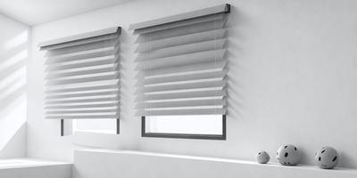 The primary subject of the image is a window with white blinds. The setting is a white room, and the visual style is a photo. The colors and mood of the image are predominantly white, creating a clean and minimalist atmosphere.