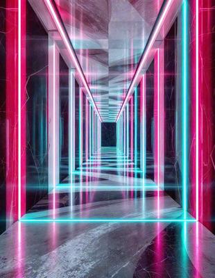 The primary subject of the image is a long, narrow hallway with a patterned floor. The setting is a dark room, and the visual style appears to be a combination of digital art and illustration. The colors and mood of the image are predominantly pink and purple, creating a vibrant and lively atmosphere.