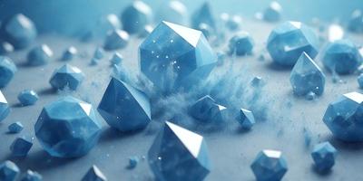 The primary subject of the image is a collection of blue crystals, which are scattered throughout the scene. The setting is a white background, which provides a clean and minimalist appearance. The visual style is a combination of digital art and illustration, creating a unique and eye-catching design. The dominant colors are blue and white, giving the image a calm and serene atmosphere.