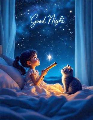 The primary subject of the image is a young girl sitting in bed, looking up at the night sky. She is holding a telescope, possibly observing the stars. The setting is a bedroom, with a bed visible in the background. The visual style is a digital art or illustration, creating a warm and cozy atmosphere. The colors are predominantly blue and white, with the night sky and the girl's outfit in white, and the bed in blue.