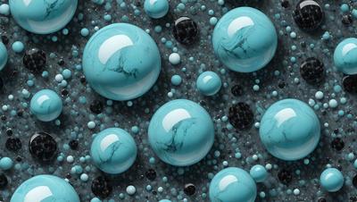 The primary subject of the image is a collection of blue and black bubbles. The setting is a blue background, which creates a visually appealing contrast with the bubbles. The visual style is a digital art or illustration, as the bubbles are depicted in a detailed and intricate manner. The dominant colors are blue and black, giving the image a calm and serene atmosphere.