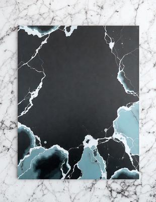 The primary subject of the image is a black and white marble-like pattern. The setting is a marble countertop, and the visual style is a combination of a photo and a digital art. The dominant colors are black and white, and the overall atmosphere is elegant and sophisticated.