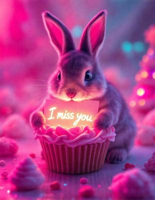 The primary subject of the image is a cute bunny holding a cupcake with a lighted message on it. The setting is a pink background, which adds to the overall mood of the scene. The visual style is a combination of photo and digital art, creating a whimsical and playful atmosphere. The dominant colors are pink and white, which contribute to the overall warm and inviting mood of the image.