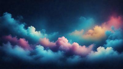 The primary subject of the image is a cloudy sky with various cloud formations. The setting is a dark blue background, which contrasts with the clouds. The visual style is a combination of photo and digital art, creating a unique and artistic representation of the cloudy sky. The colors and mood of the image are predominantly dark and moody, with the clouds taking on a dramatic and atmospheric appearance.