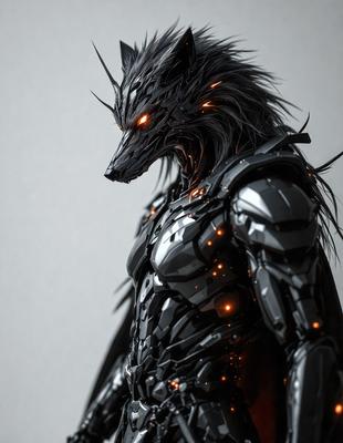 The primary subject of the image is a futuristic robot with a wolf-like head. The robot is wearing a silver suit and has a glowing, neon-like appearance. The setting is a gray background, which contrasts with the robot's silver suit and glowing features. The visual style is digital art, as the robot appears to be a computer-generated character. The colors and mood of the image are dark and mysterious, with the robot's glowing features adding a sense of