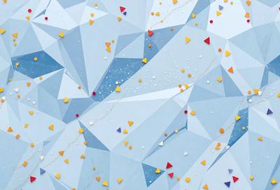 The primary subject of the image is a blue and white geometric pattern, which appears to be a digital art or illustration. The setting is a blue background, and the visual style is a combination of digital art and illustration. The dominant colors are blue and white, creating a calm and soothing atmosphere. The image is filled with various shapes and colors, including yellow, red, and orange, which add a sense of depth and complexity to the overall design.