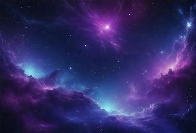 The primary subject of the image is a purple and blue nebula, which is a cloud of gas and dust in space. The setting is a dark, star-filled sky, with the nebula being the main focus of the image. The visual style is a digital art or illustration, creating a vibrant and colorful scene. The dominant colors are purple and blue, giving the image a serene and celestial atmosphere.