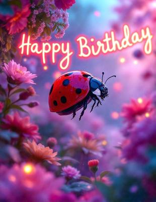 The primary subject of the image is a red ladybug, which is the main focus of the scene. The ladybug is flying in front of a pink flower background, creating a vibrant and lively atmosphere. The visual style of the image is a digital art or illustration, with the ladybug and flower being the main elements of the composition. The colors and mood of the image are predominantly pink and vivid, evoking a sense of joy and celebration.