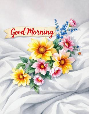 The primary subject of the image is a bouquet of flowers, which are arranged in a vase and placed on a bed. The setting is a bedroom, with the flowers sitting on a white sheet. The visual style is a combination of digital art and illustration, creating a vibrant and colorful scene. The dominant colors in the image are yellow, pink, and blue, which contribute to a cheerful and warm atmosphere.