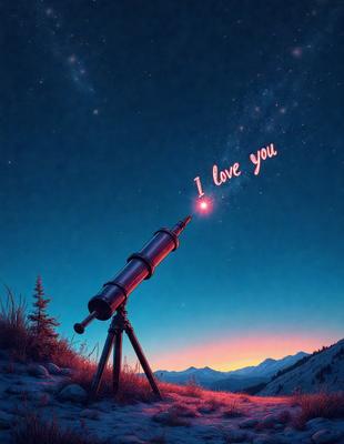 The primary subject of the image is a telescope, which is set up on a tripod in a field. The setting is a nighttime landscape with a starry sky, creating a serene and peaceful atmosphere. The visual style is a digital art or illustration, giving the image a unique and artistic touch. The colors and mood are predominantly dark and moody, with the starry sky and the telescope as the main focal points.