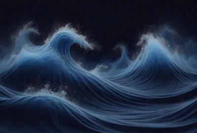 The primary subject of the image is a large wave in the ocean. The wave is blue and has a foamy texture, giving it a dynamic and powerful appearance. The setting is the ocean, with the wave crashing against the water. The visual style of the image is a digital art or illustration, as it captures the movement and energy of the wave in a detailed and realistic manner. The dominant colors in the image are blue and white, creating a sense of calmness and tranquility despite the powerful force of the wave.