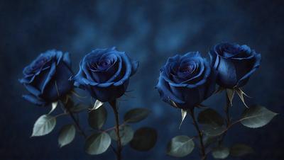 The primary subject of the image is a bouquet of three blue roses. The setting is a dark blue background, which creates a dramatic and moody atmosphere. The visual style is a close-up of the flowers, showcasing their details and beauty. The colors and mood of the image are predominantly dark and mysterious, with the blue roses standing out as the focal point.