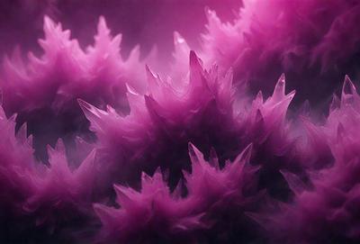 The primary subject of the image is a large, pink crystal formation, possibly a piece of art or a natural formation. The setting is a dark, foggy environment, which adds a mysterious and dramatic atmosphere to the scene. The visual style appears to be a combination of photo and digital art, creating a unique and intriguing image. The dominant colors are pink and purple, which evoke a sense of warmth and beauty in the scene.