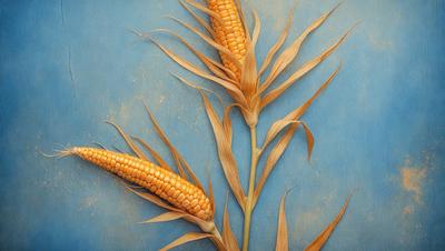The primary subject of the image is a close-up of two ears of corn, with one of them being larger than the other. The ears of corn are placed on a blue surface, which serves as the setting or background. The visual style of the image is a photo, capturing the natural texture and colors of the corn. The dominant colors in the image are blue and yellow, creating a vibrant and fresh atmosphere.