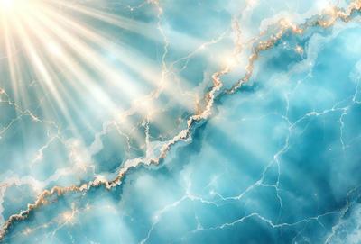 The primary subject of the image is a bright sun shining through the clouds, creating a beautiful and serene atmosphere. The setting is a blue sky with clouds, which adds to the overall visual style. The colors in the image are predominantly blue and white, creating a calming and peaceful mood.