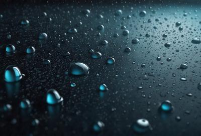 The primary subject of the image is a close-up of raindrops on a dark surface. The setting is a black background, and the visual style appears to be a photo. The raindrops are blue, and the overall atmosphere is moody and atmospheric.