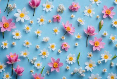 The primary subject of the image is a close-up of a variety of flowers, including pink and white ones. The flowers are arranged in a pattern on a blue surface, which could be a wall or a table. The visual style of the image is a combination of photo and digital art, creating a vibrant and colorful scene. The dominant colors in the image are pink and white, giving the flowers a fresh and lively appearance.
