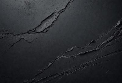 The primary subject of the image is a black surface with a pattern of cracks and lines. The setting is a dark room, and the visual style appears to be a combination of a photo and a drawing. The dominant colors are black and grey, creating a moody atmosphere.