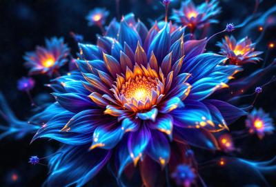 The primary subject of the image is a large, blue, purple, and yellow flower with a yellow center. The flower is the focal point of the scene, and it is surrounded by a blue background. The visual style of the image is a combination of photo and digital art, creating a vibrant and colorful atmosphere. The dominant colors in the image are blue, purple, and yellow, which contribute to the overall mood of the scene.