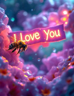 The primary subject of the image is a bee sitting on a pink flower. The setting is a pink background, which adds a vibrant and cheerful atmosphere to the scene. The visual style is a combination of photo and digital art, creating a unique and eye-catching image. The dominant colors are pink and purple, which are associated with love and affection.