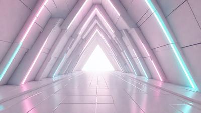 The primary subject of the image is a white tunnel with a pink and blue light illuminating it. The setting is a white room with a white floor, and the visual style appears to be a digital art or illustration. The dominant colors in the image are white, pink, and blue, creating a bright and vibrant atmosphere.