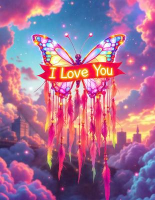 The primary subject of the image is a colorful butterfly kite with a red ribbon. The kite is flying in the sky, and it is adorned with a "I Love You" message. The setting is a cloudy sky, and the visual style is a digital art or illustration. The dominant colors are red, yellow, and pink, creating a warm and loving atmosphere.