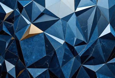The primary subject of the image is a blue and gold geometric pattern. The setting is a blue and white marble wall, which serves as the backdrop for the pattern. The visual style is a combination of digital art and illustration, creating a unique and intricate design. The dominant colors in the image are blue and gold, giving the pattern a sophisticated and elegant appearance.