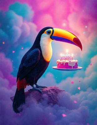 The primary subject of the image is a colorful bird, likely a parrot, sitting on a rock and holding a birthday cake. The bird is positioned in the center of the image, and the cake is placed on a plate in front of it. The setting appears to be a whimsical, artistic environment, possibly a fantasy world or a colorful painting. The visual style of the image is a combination of photo and digital art, creating a vibrant and lively atmosphere. The colors and mood