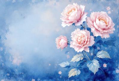 The primary subject of the image is a bouquet of pink flowers. The flowers are arranged in a vase, and they are placed against a blue background. The visual style of the image is a painting, which gives it a more artistic and detailed appearance. The colors and mood of the image are predominantly pink, creating a warm and inviting atmosphere.