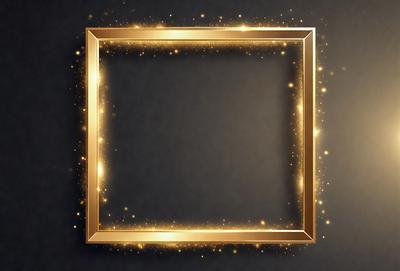 The primary subject of the image is a gold frame with a black background. The frame is adorned with glittering gold stars, giving it a shiny and eye-catching appearance. The visual style of the image is a combination of digital art and illustration, creating a unique and artistic presentation. The colors and mood of the image are predominantly black and gold, with the gold stars adding a touch of brightness and elegance to the overall atmosphere.