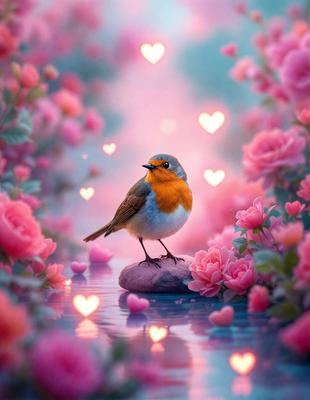 The primary subject of the image is a small bird perched on a rock in a pink flower garden. The setting is a beautiful, colorful garden with pink flowers surrounding the bird. The visual style is a digital art illustration, creating a vibrant and lively atmosphere. The dominant colors are pink and red, which contribute to the overall mood of the scene.