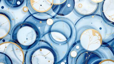 The primary subject of the image is a blue and gold patterned background featuring a series of circles. The setting is a blue and gold swirling pattern, which creates a visually appealing and dynamic environment. The visual style of the image is a combination of digital art and illustration, showcasing the intricate design and vibrant colors. The dominant colors in the image are blue and gold, creating a sense of warmth and sophistication.