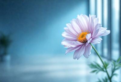 The primary subject of the image is a single white flower, which is the main focus of the scene. The setting is a blue background, which adds a sense of calmness and tranquility to the image. The visual style is a close-up of the flower, showcasing its details and beauty. The colors in the image are predominantly white and blue, creating a serene and peaceful atmosphere.