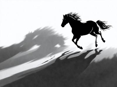 The primary subject of the image is a black horse running on a hill. The setting is a hillside with a tree in the background. The visual style is a black and white illustration, giving the image a classic and timeless appearance. The dominant colors are black and white, creating a dramatic and powerful atmosphere.