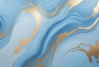 The primary subject of the image is a blue and gold swirling pattern, which appears to be a painting or a digital artwork. The setting is a blue background, and the visual style is a combination of digital art and painting. The dominant colors are blue and gold, creating a sense of depth and richness in the artwork.