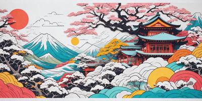 The primary subject of the image is a mountain with a pink tree in front of it. The setting is a mountainous landscape with a red building in the background. The visual style is a combination of digital art and illustration, creating a vibrant and colorful scene. The dominant colors are pink, red, and yellow, giving the image a warm and lively atmosphere.