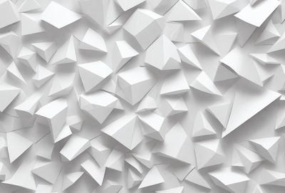 The primary subject of the image is a large white wall covered with a pattern of white triangles. The setting is a white room, and the visual style is a combination of digital art and illustration. The dominant colors are white, and the overall atmosphere is clean, minimalistic, and modern.