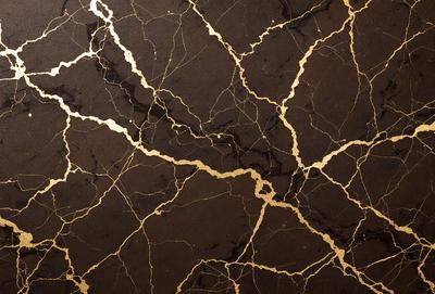The primary subject of the image is a marble surface with a gold-like pattern. The setting is a room with a black background, and the visual style appears to be a combination of a photo and digital art. The dominant colors are black and gold, creating a luxurious and elegant atmosphere.