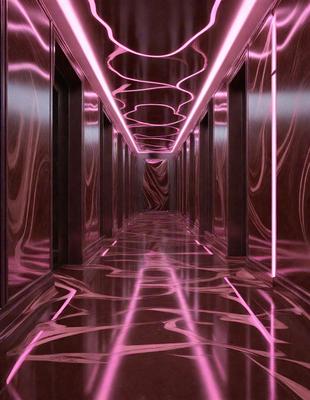 The primary subject of the image is a long hallway with a pink lighting effect. The setting is a dark room with a patterned floor, and the visual style appears to be a combination of a photo and digital art. The colors and mood of the image are predominantly pink, creating a warm and inviting atmosphere.