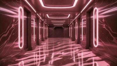 The primary subject of the image is a long, narrow hallway with a pink and white color scheme. The setting is a futuristic, industrial environment, with a patterned floor and walls. The visual style is a combination of photo and digital art, creating a unique and captivating atmosphere. The colors and mood of the scene are predominantly pink and white, giving the space a warm and inviting feel.