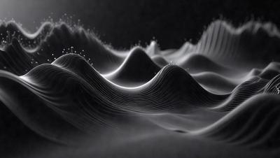The primary subject of the image is a mountain range, which is depicted in a black and white style. The setting is a dark background, which contrasts with the mountain range. The visual style is a combination of a photo and a drawing, creating a unique and artistic representation of the mountain range. The colors and mood of the image are predominantly dark and moody, with the mountains standing out against the black background.
