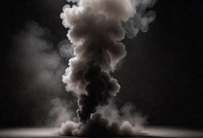 The primary subject of the image is a large, dark, and smoky cloud. The setting is a dark background, which contrasts with the cloud, creating a dramatic visual effect. The visual style is a black and white photo, giving the image a classic and timeless appearance. The colors and mood of the image are predominantly dark and moody, with the cloud serving as the focal point and the background providing a sense of depth and contrast.