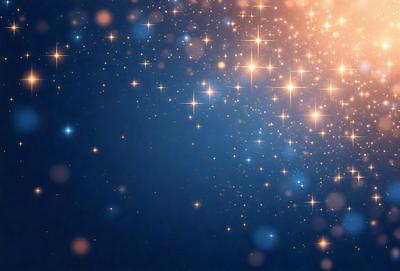 The primary subject of the image is a blue background with a pattern of bright, shining stars. The setting appears to be a night sky, with the stars being the main focus of the scene. The visual style of the image is a combination of a photo and digital art, creating a unique and captivating atmosphere. The colors and mood of the image are predominantly blue and serene, with the stars adding a sense of wonder and tranquility to the scene.