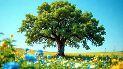 The primary subject of the image is a large tree with a trunk and branches, surrounded by a field of flowers. The tree is situated in the middle of the field, and the flowers are scattered around it, creating a beautiful and serene scene. The visual style of the image is a combination of photo and digital art, giving it a realistic yet artistic appearance. The colors and mood of the image are predominantly warm and vibrant, with the flowers adding a touch of natural beauty to the scene.