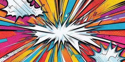 The primary subject of the image is a colorful explosion, which is the main focus of the image. The setting is a brightly colored background, and the visual style is a combination of digital art and illustration. The colors and mood of the image are vibrant and energetic, with a sense of excitement and movement.