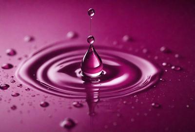 The primary subject of the image is a single drop of water, which is suspended in mid-air. The setting is a purple surface, which could be a wall or a table. The visual style is a close-up of the drop of water, emphasizing its details. The colors and mood of the image are predominantly purple, creating a calm and serene atmosphere.