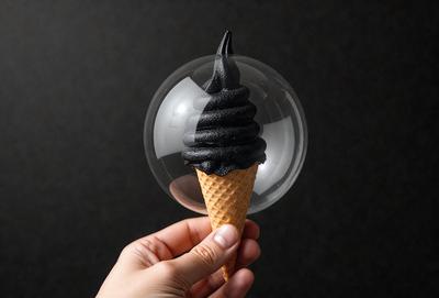 The primary subject of the image is a hand holding a black and white ice cream cone. The setting is a dark background, which contrasts with the bright colors of the ice cream cone. The visual style is a close-up of the hand holding the ice cream cone, emphasizing the details of the person's hand and the cone. The colors and mood of the image are predominantly black and white, giving it a classic and timeless feel.