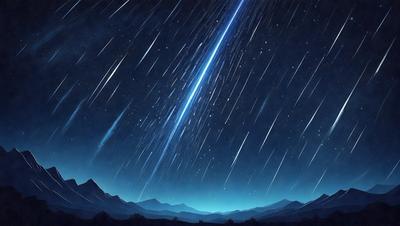 The primary subject of the image is a bright light streak in the night sky, with a backdrop of a mountain range. The visual style appears to be a digital art or illustration, as the light streak is depicted in a more artistic manner than a typical photo. The colors in the image are predominantly dark, with the bright light streak being the main focal point, creating a dramatic and moody atmosphere.
