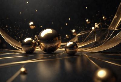 The primary subject of the image is a group of three gold spheres, which are the main objects in the scene. The setting is a black background, which contrasts with the gold spheres, creating a visually striking composition. The visual style of the image is a combination of photo and digital art, as it appears to be a close-up of the gold spheres against a black background. The colors and mood of the image are predominantly gold and black, giving it a luxurious and elegant appearance.